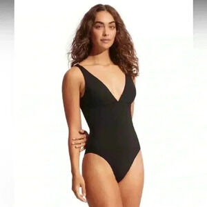 Seafolly Collective Women Black V Neck One Piece Size US 10 Simple Sexy NWT